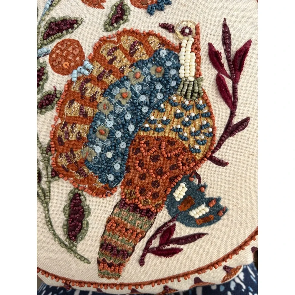 Beaded Bird Embroidered‎ Round Throw Pillow Boho Autumnal Decorative Accent